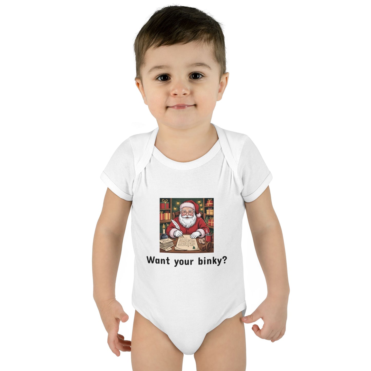 03 Baby Onesie - Santa Claus Holding Binky Hostage Until Baby is Thankful for Mommy